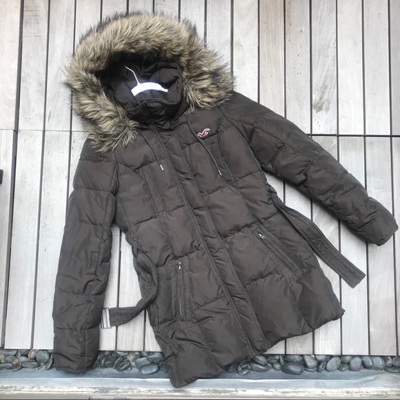 Hollister Jackets & Blazers - HOLLISTER Long Brown Feather Down Jacket w Belt